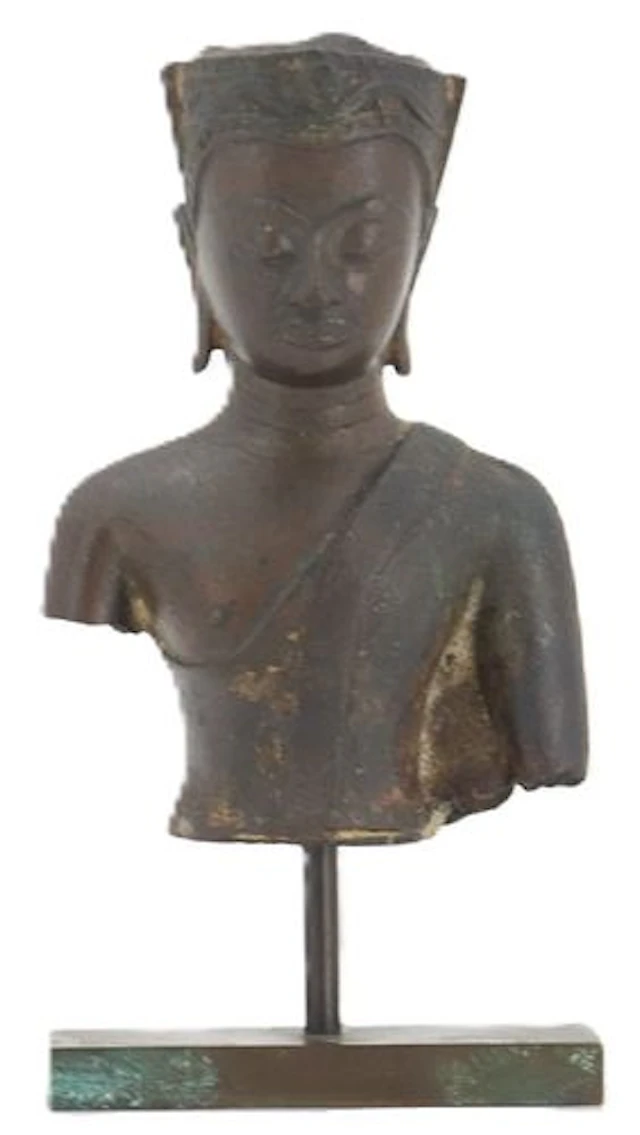Antique Siamese Incomplete Bronze Buddha Bust on Metal Stand