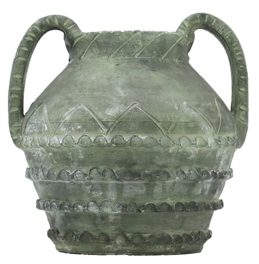 Spanish Brutlalist Style Double Handled Green Glazed Pottery Vase
