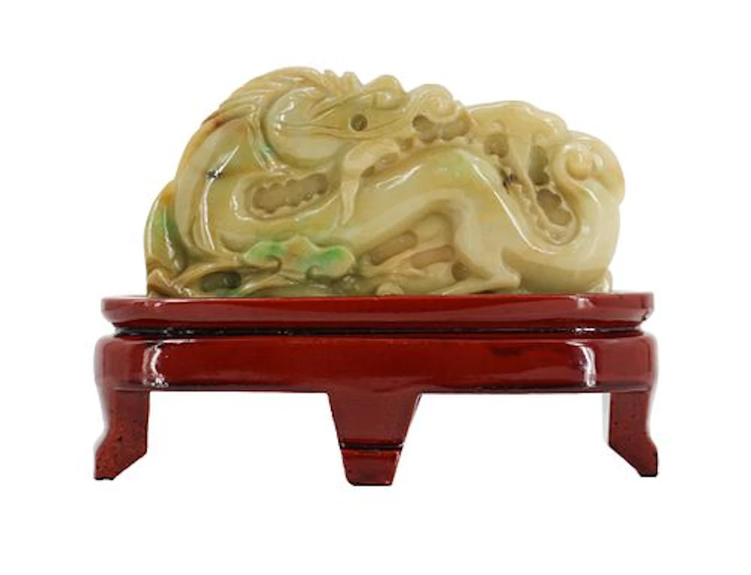 Chinese Carved Jadeite Dragon on Wood Base