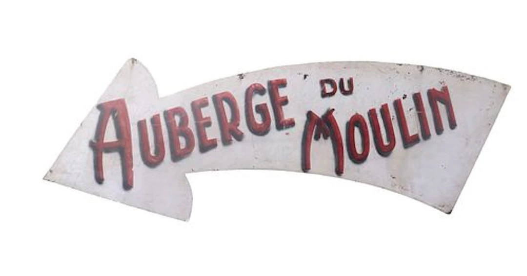 Vintage French Painted Metal Direction Sign "Auberge du Moulin"