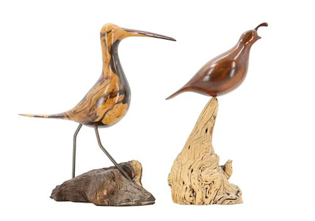 (2) Hand Carved Wooden Bird Sculptures - Walnut Quail, Shoebill