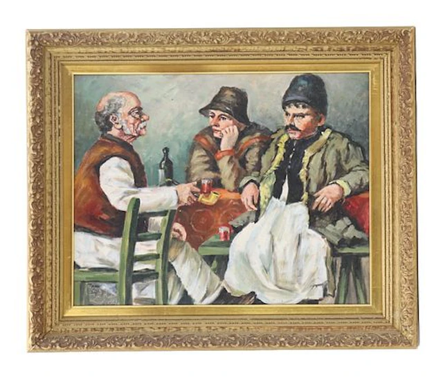 1967 Romanian Oil on Canvas Rustic Genre Scene