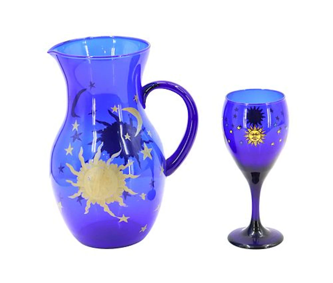 Cobalt Blue Art Glass Libbey Celestial Goblet and Hand-Painted Pitcher