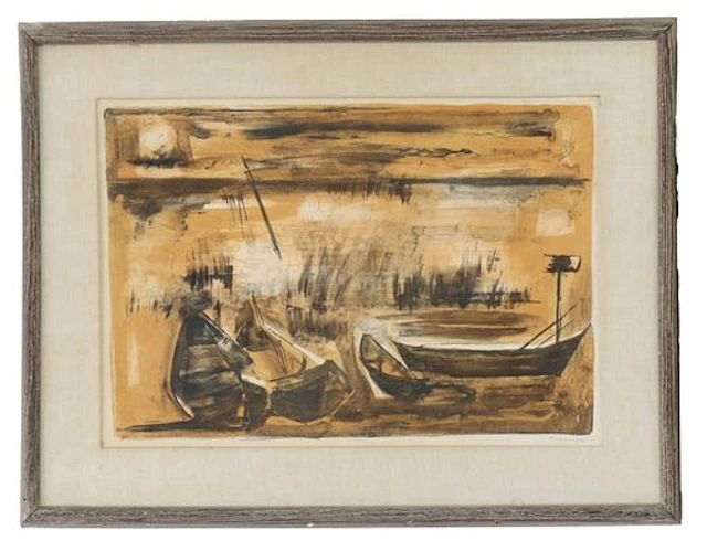 Raymond Guerrier (1920-2002) French, Lithograph, "Boats in the Camarque"