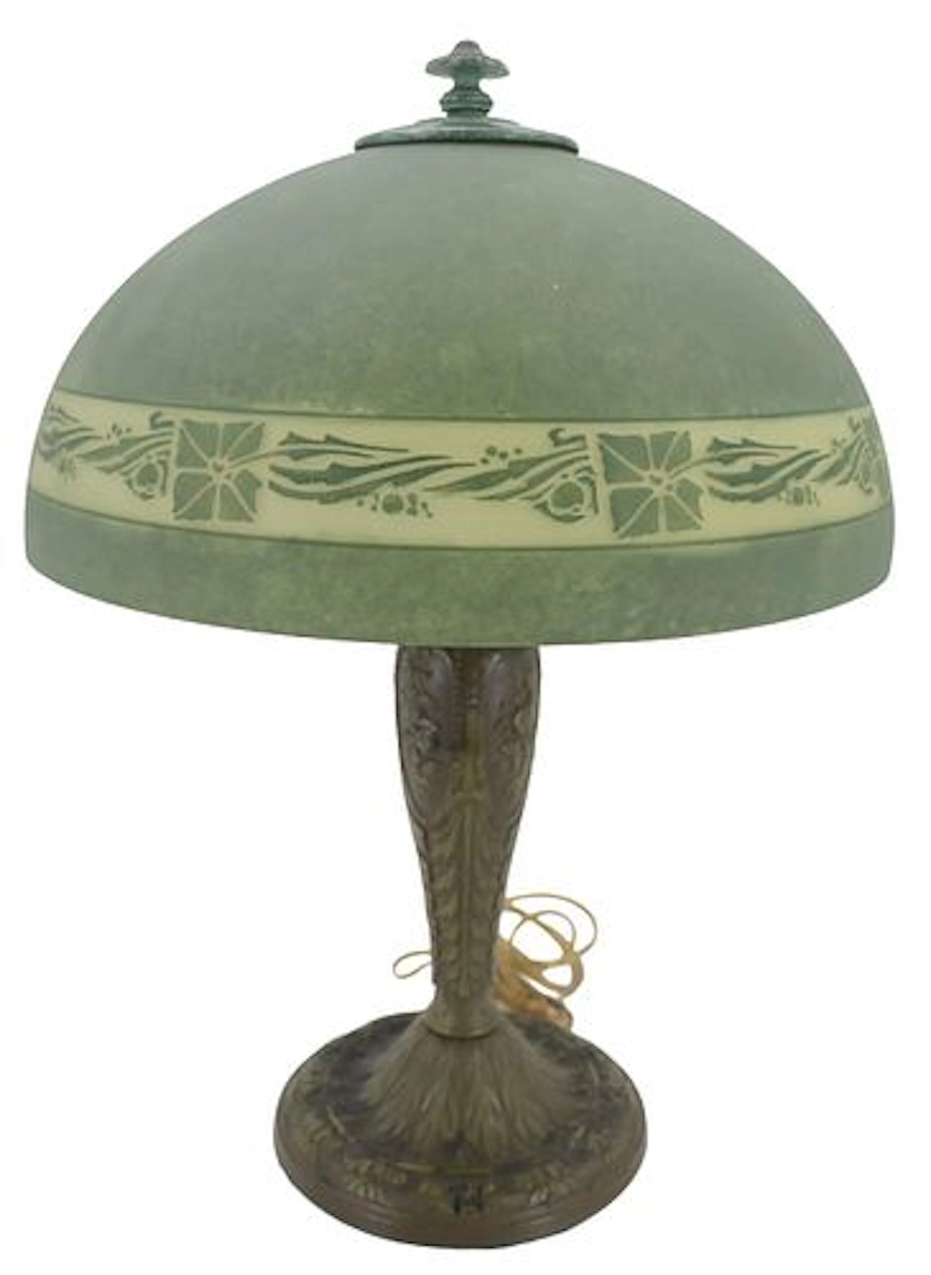 Arts & Crafts Acid-Etched Frosted Green Glass Table Lamp