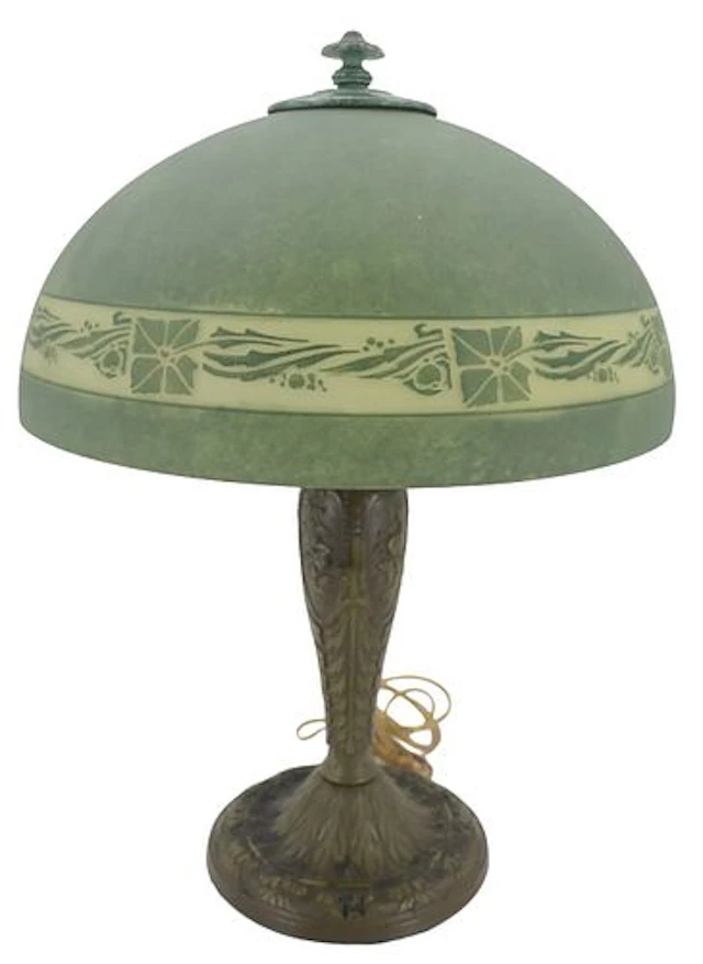 Arts & Crafts Acid-Etched Frosted Green Glass Table Lamp
