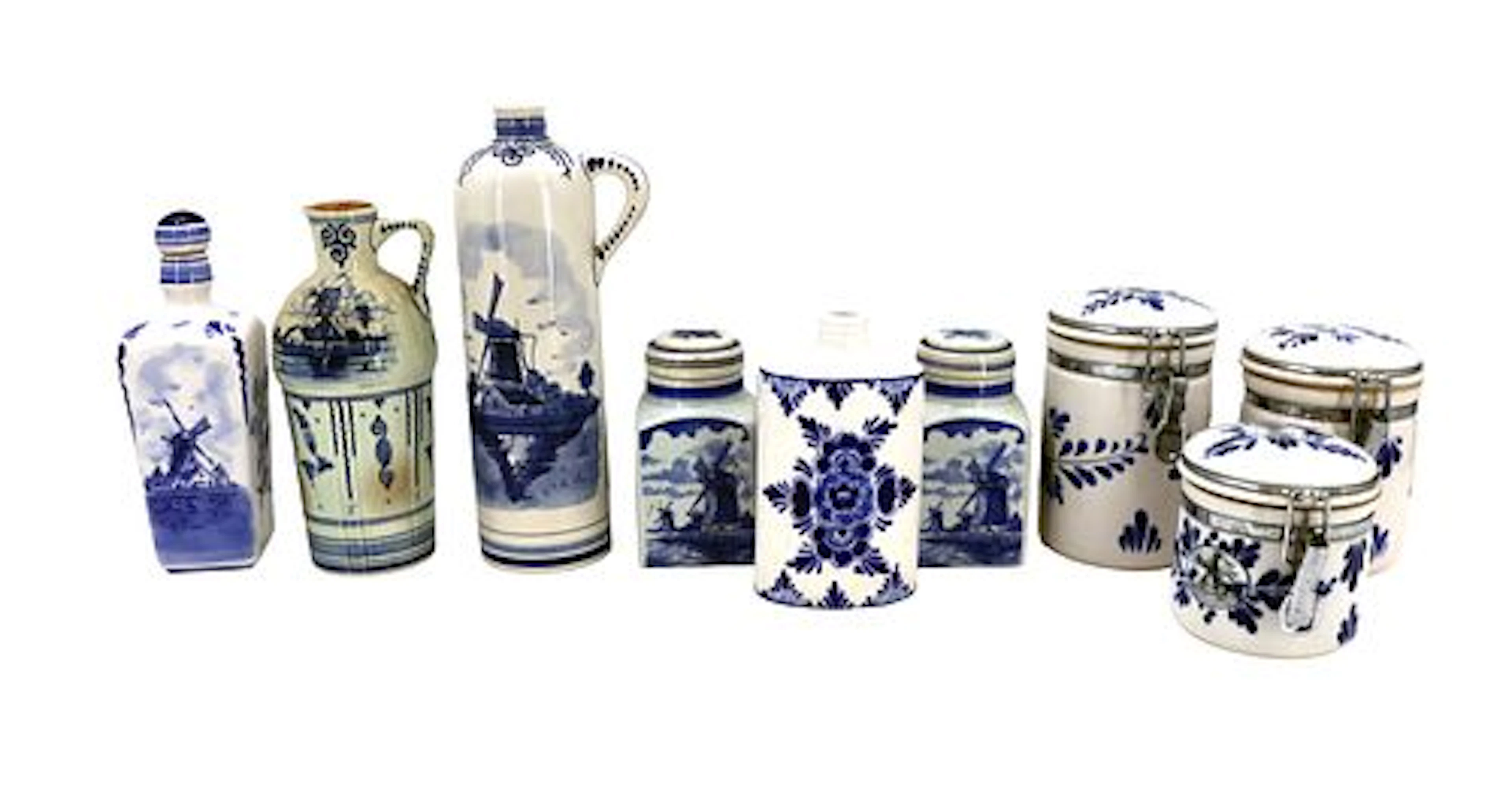 (9) Dutch Delft Earthenware Bottles and Jars