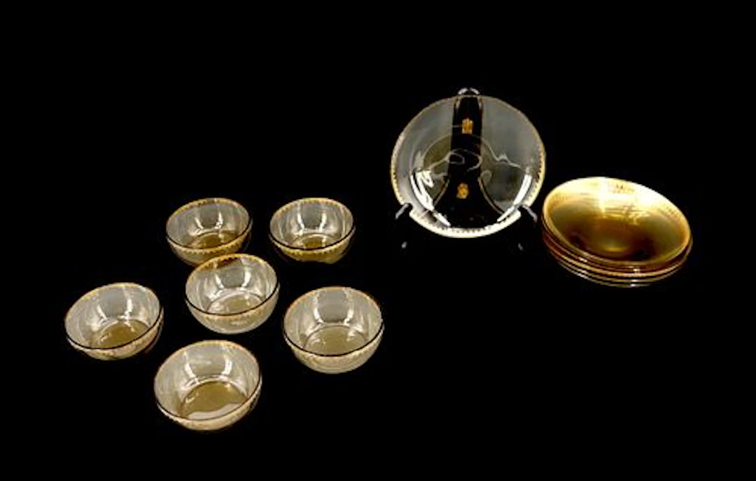 (12) Mid Century Modern Smoke Glass and Gilt Bowls and Plates