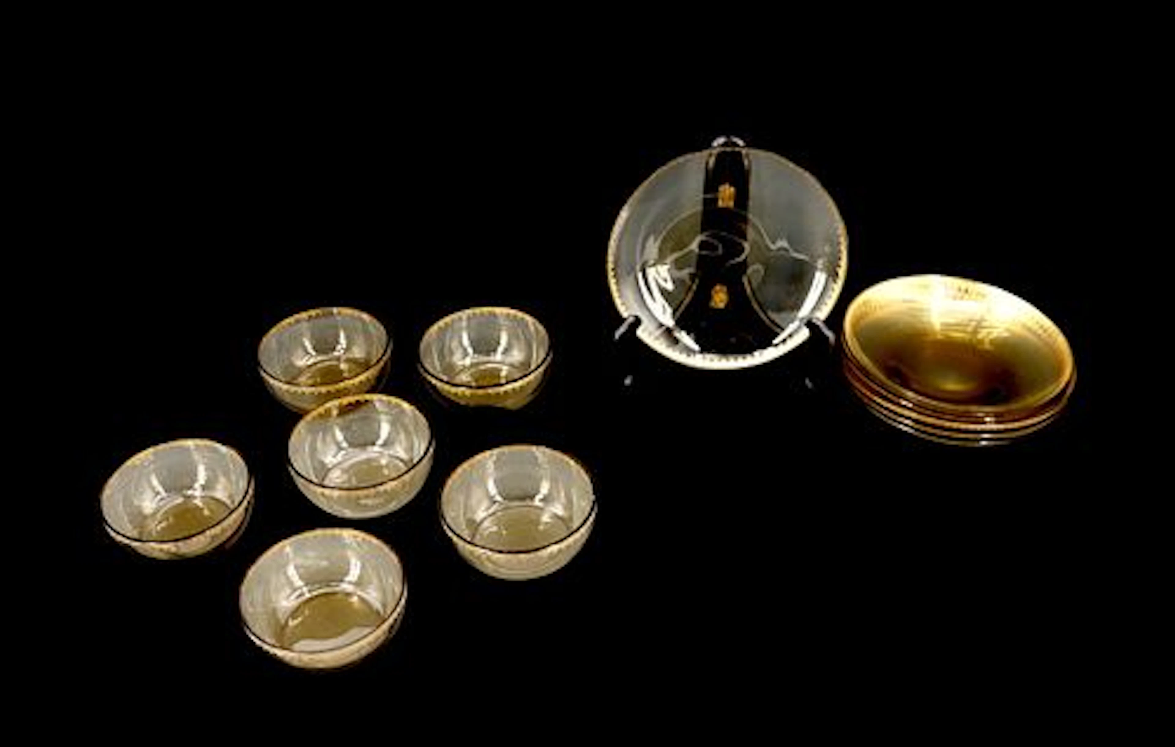 (12) Mid Century Modern Smoke Glass and Gilt Bowls and Plates