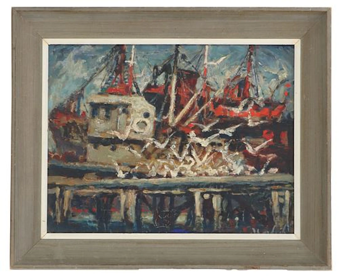 John Cordich (1898-1972) American, Oil on Masonite, 1957 Rockport Dock Scene
