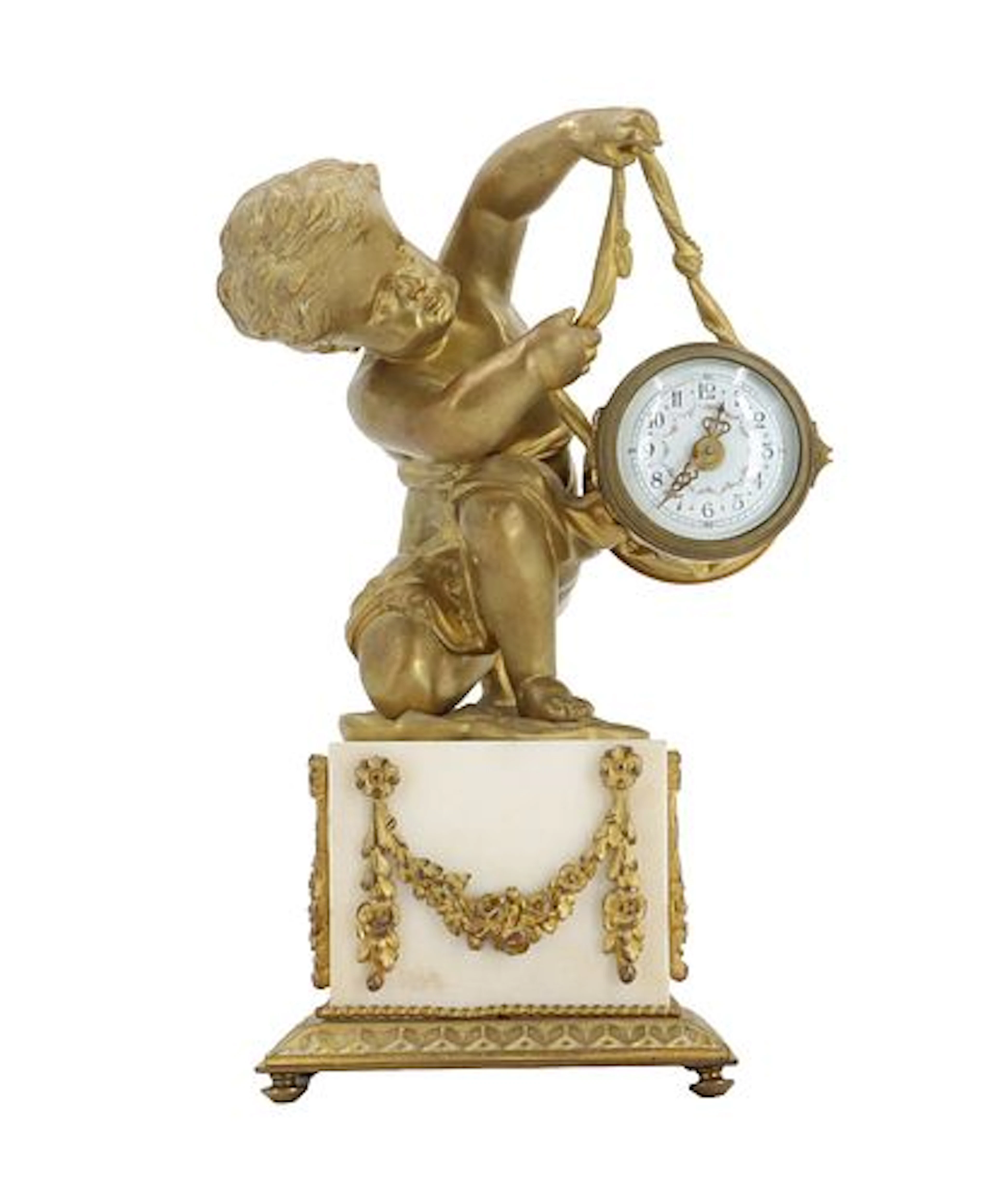 Early 20th Century French Gilt Bronze and Marble Mantel Clock with Cherub