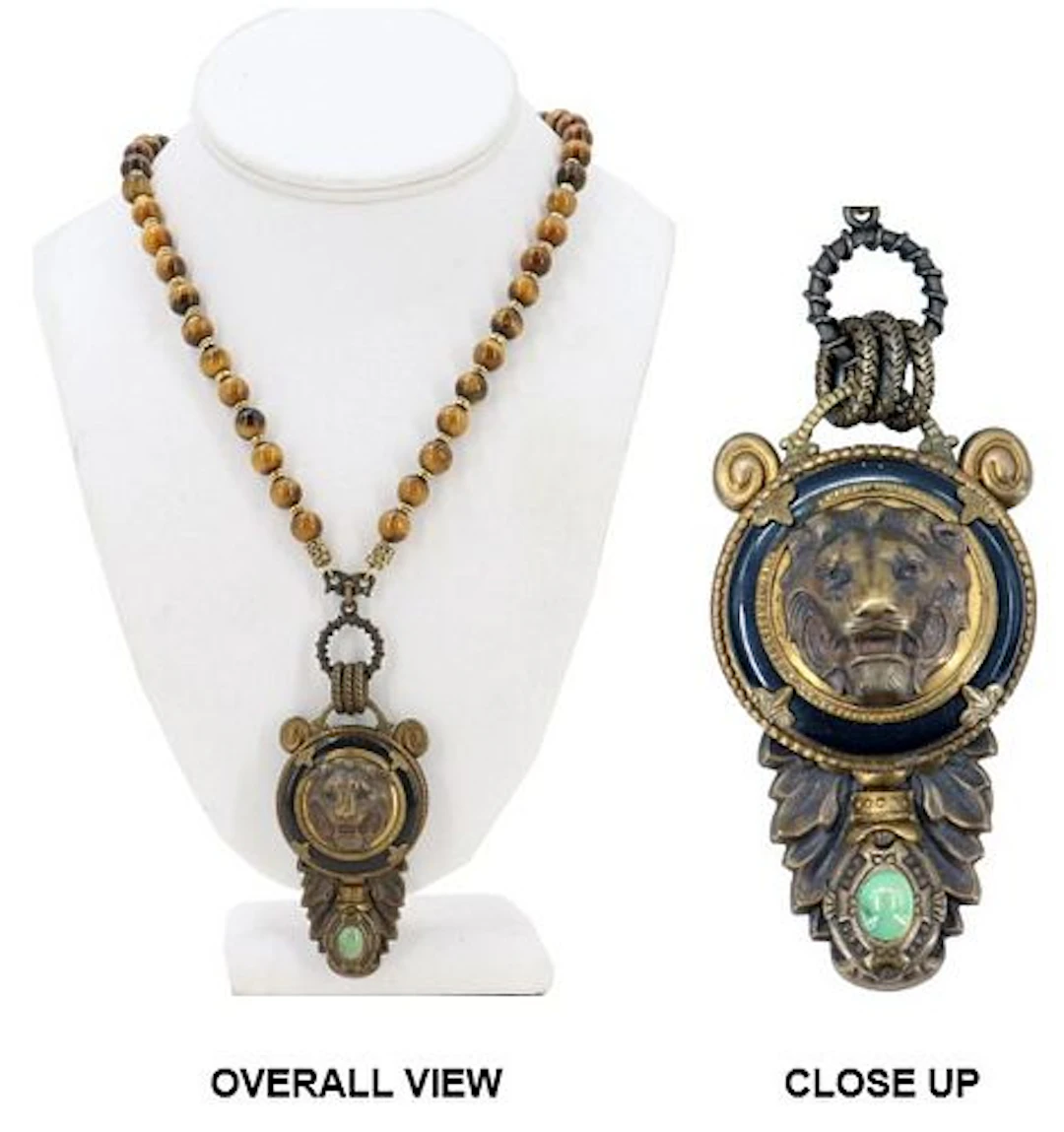 One Tiger's Eye Bead Necklace Chain with Carved Stone Pendant