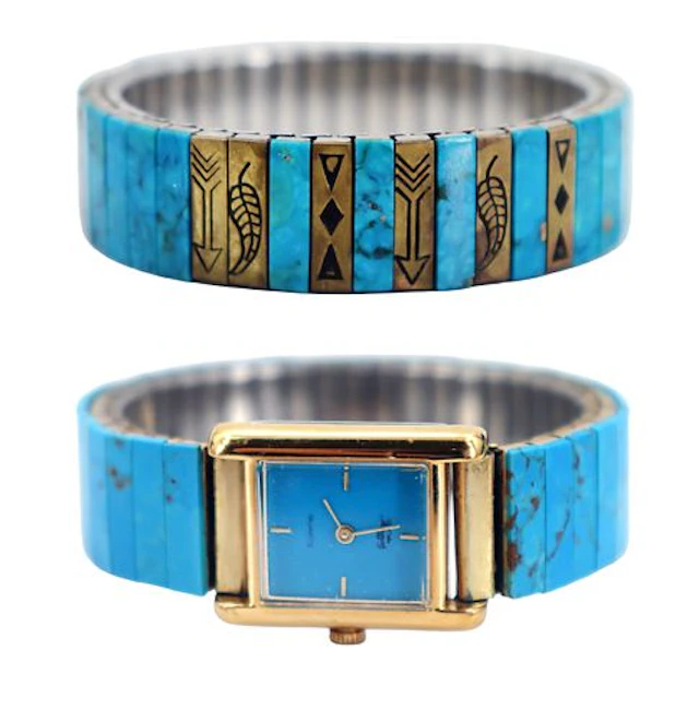 Vintage Southwestern Style Turquoise & Brass Inlay Quartz Watch Set