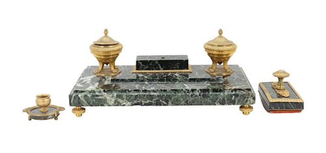 Napoleon III French Empire Green Marble and Ormullu Desk Set