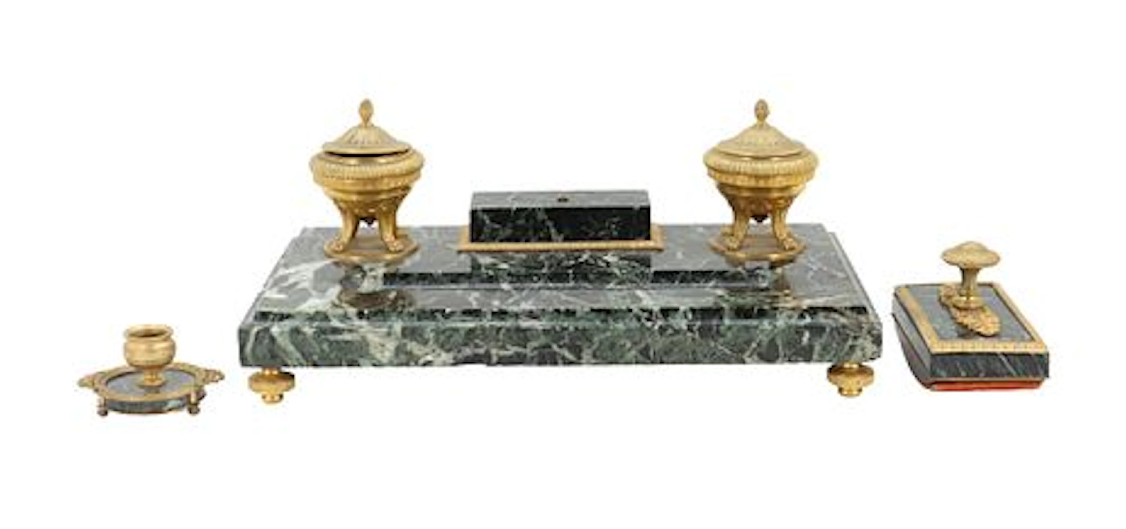 Napoleon III French Empire Green Marble and Ormullu Desk Set