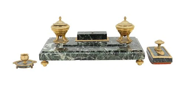 Napoleon III French Empire Green Marble and Ormullu Desk Set