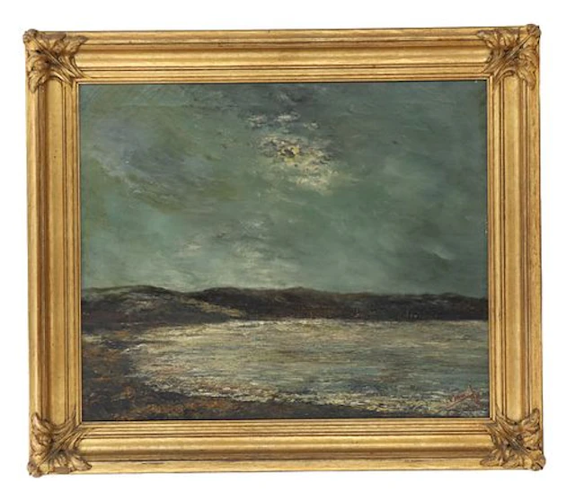 Manuel de Baas (20th Century) Oil on Canvas "Moonlight at Lake Atitlan