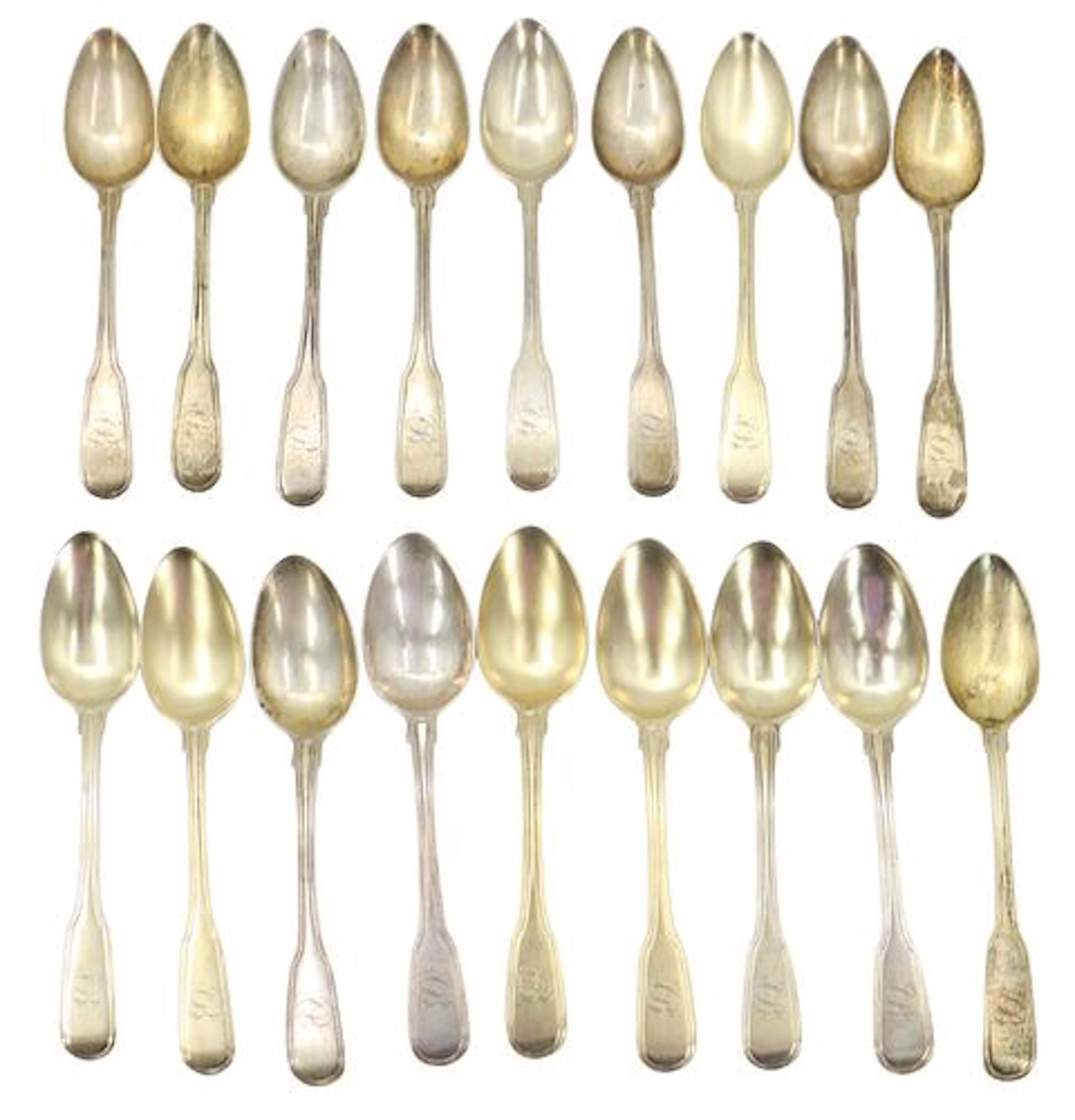 (18) Georgian English Sterling Silver Gilt Wash Spoons - 11.610 ozt.