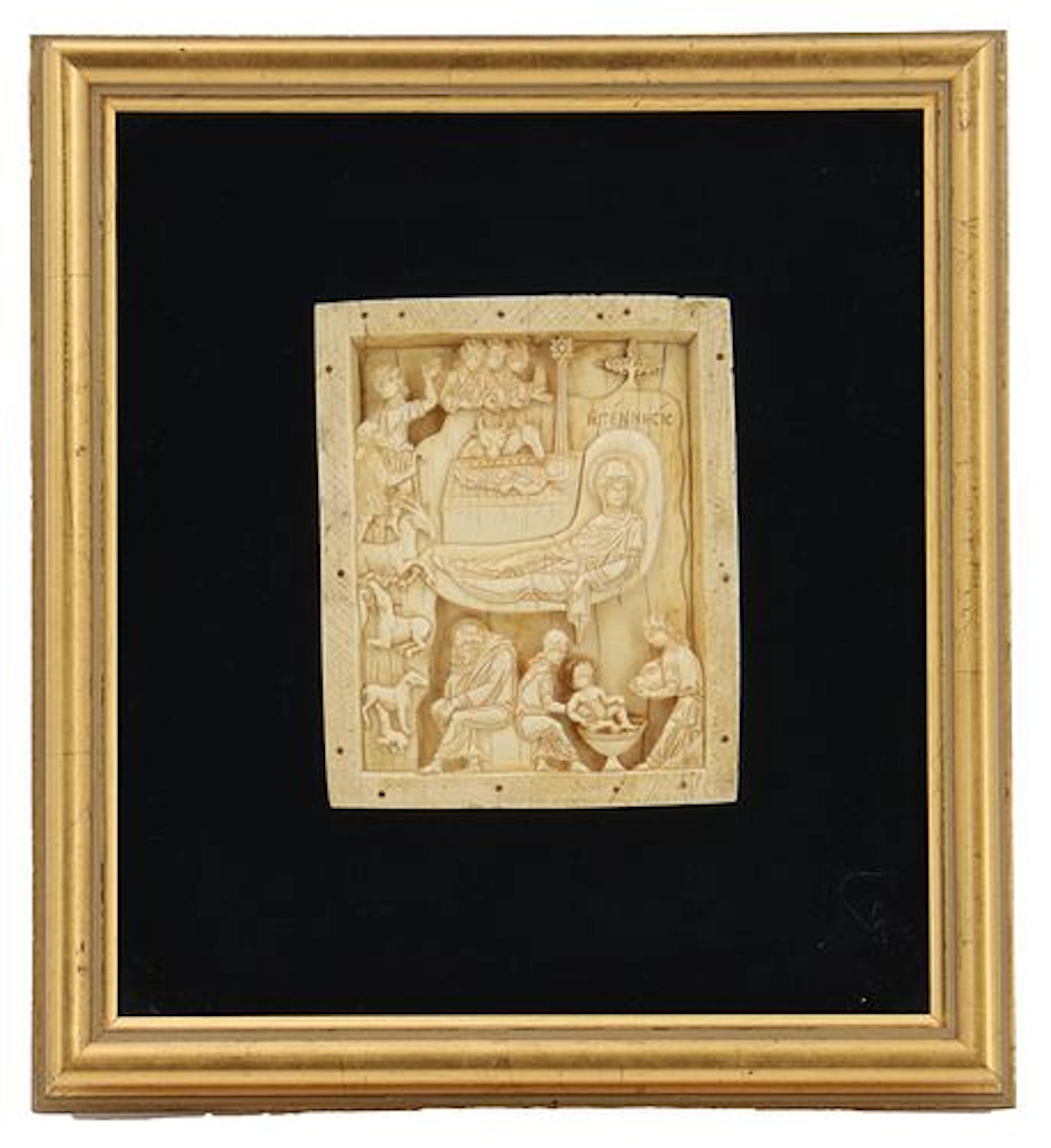 Modern Framed Cast Resin Replica of Ancient Byzantine Relief Nativity Plaque