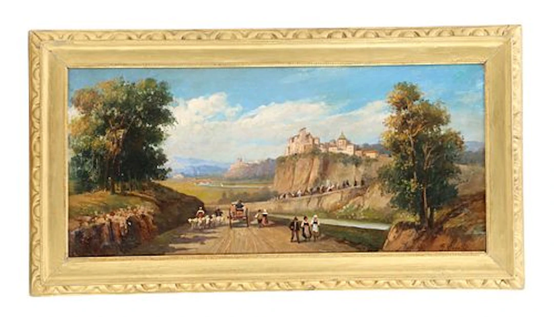 Giuseppe Carelli (1858-1921) Italian, Oil on Canvas Landscape "The Procession"