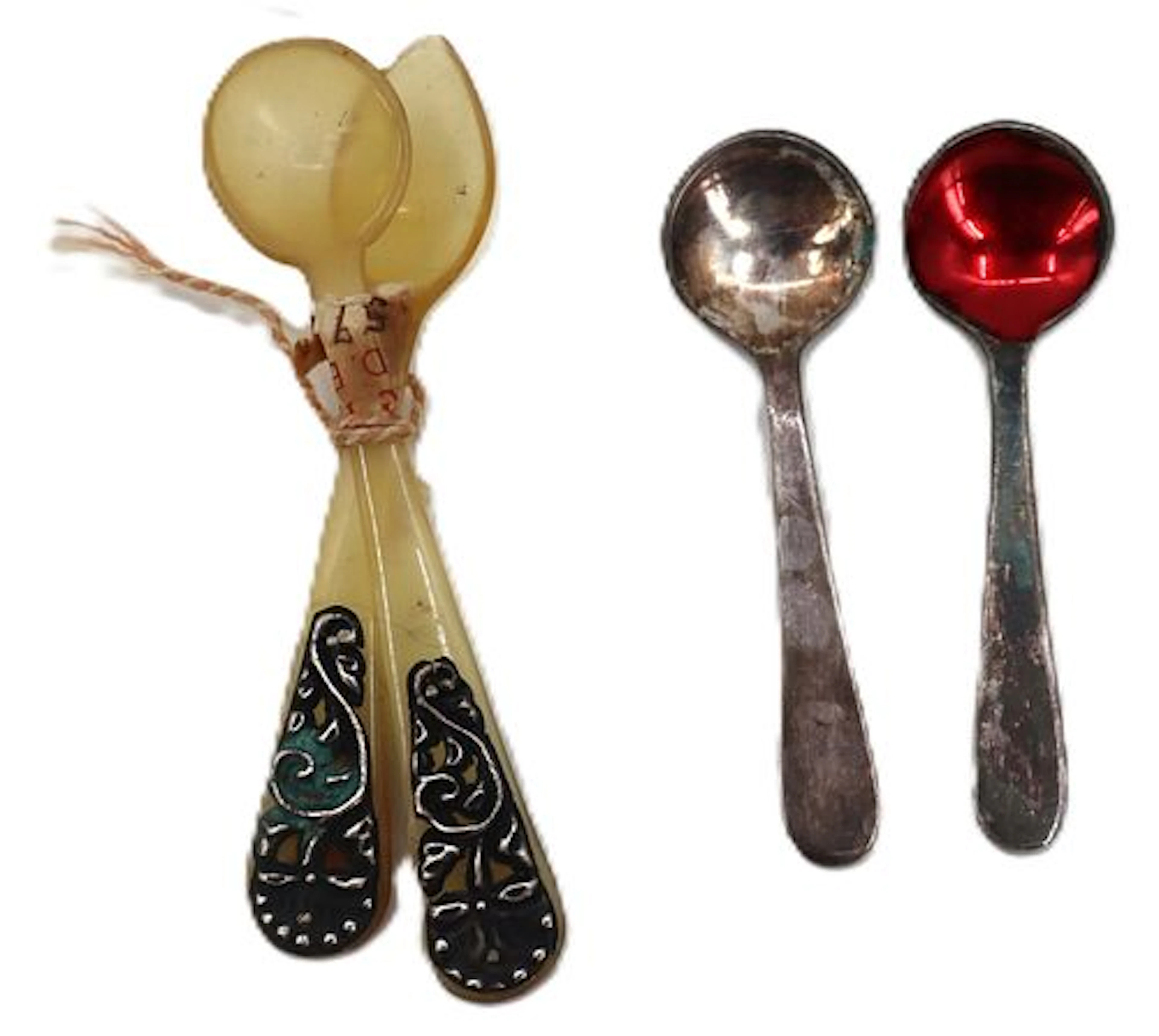 (4) Danish Carved Bone, Metal, and Silver Spoons - Approx. 0.355 ozt.