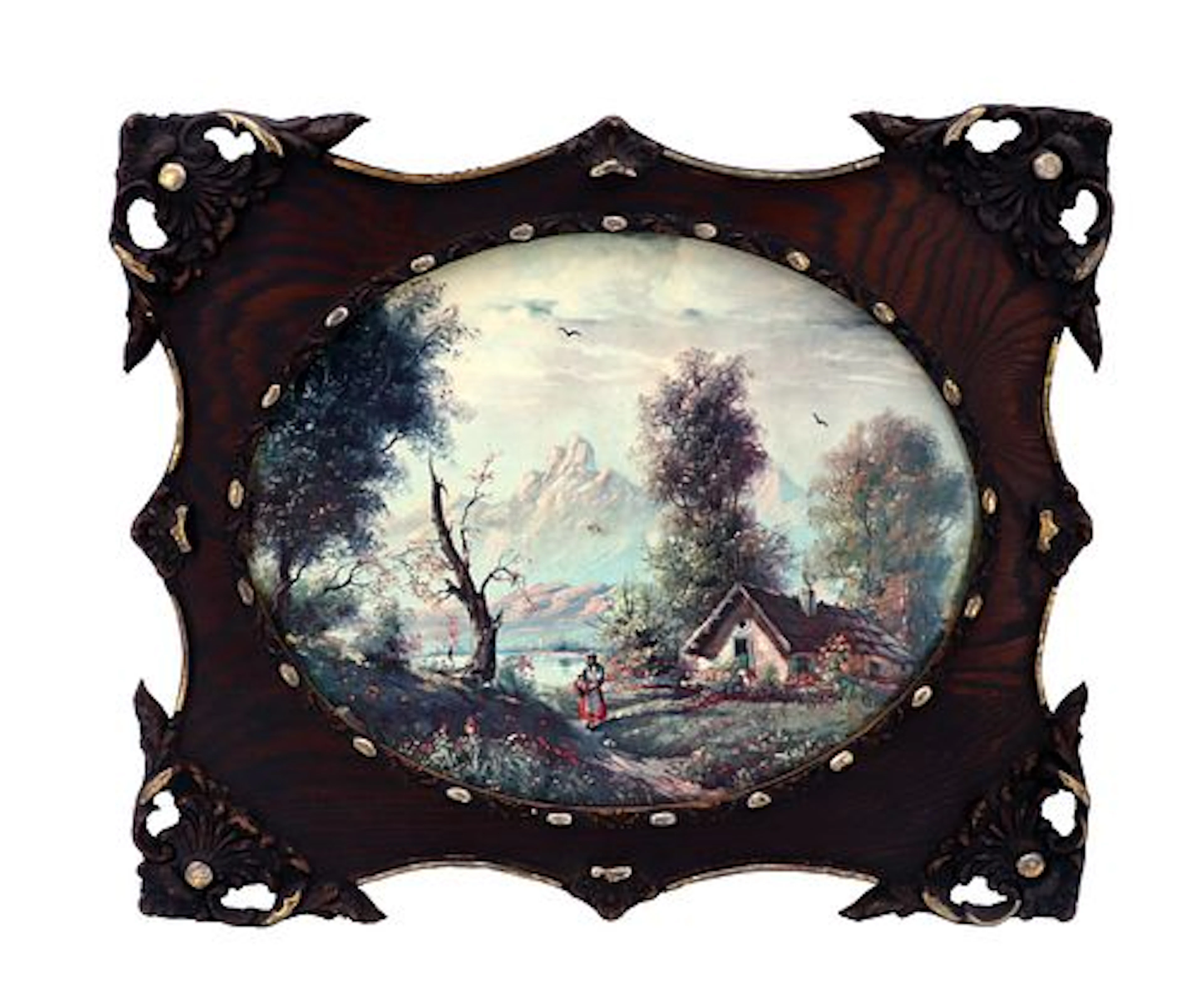 Ornately Framed Oval Oil on Board Landscape