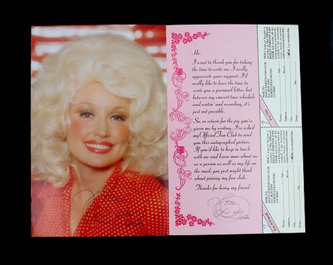 Vintage Dolly Parton Fan Club Reply Card