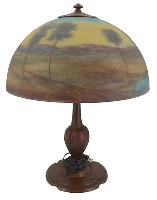 Arts & Crafts Reverse-Painted Glass Landscape Table Lamp