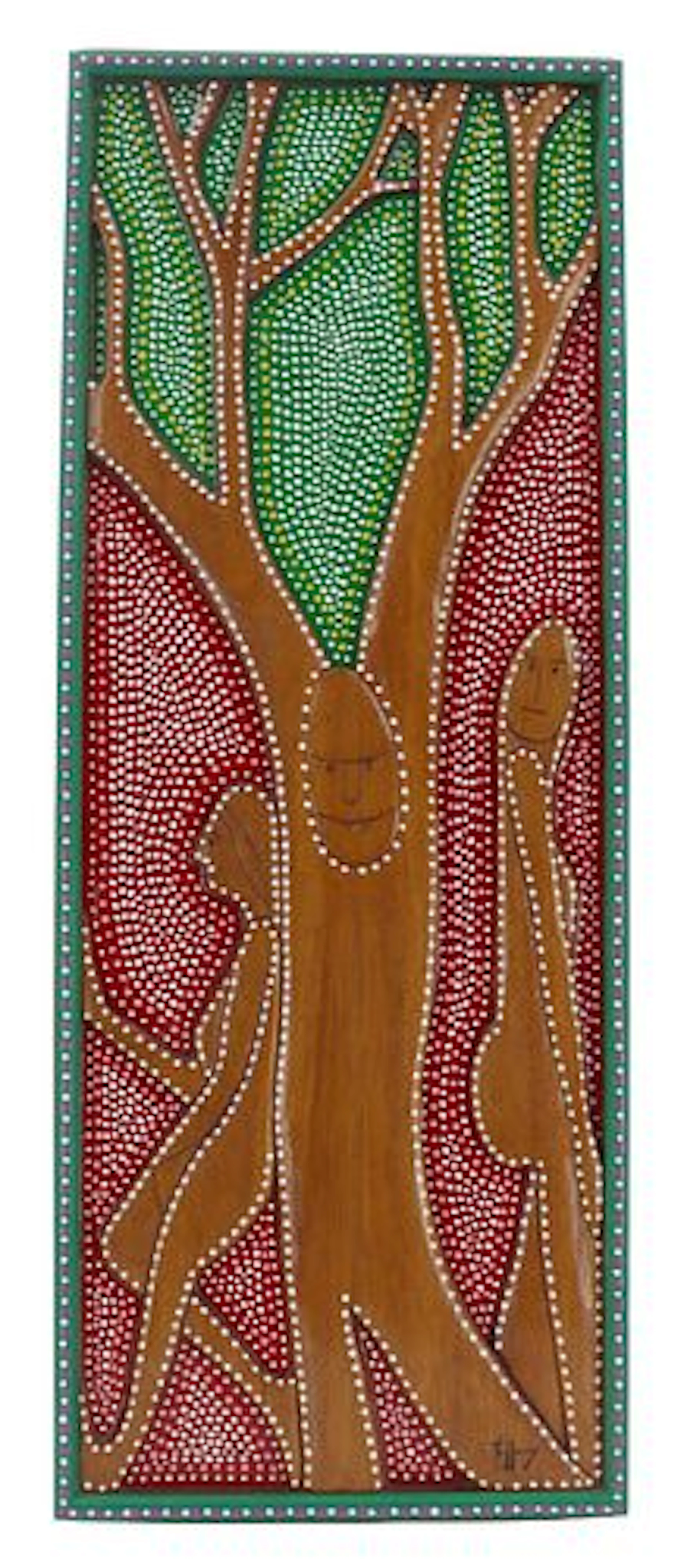 Mid-Century Modern Mahogany Relief and Dot Painted Folk Art "Transformation"