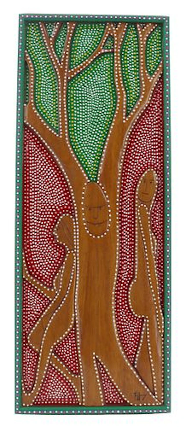 Mid-Century Modern Mahogany Relief and Dot Painted Folk Art "Transformation"