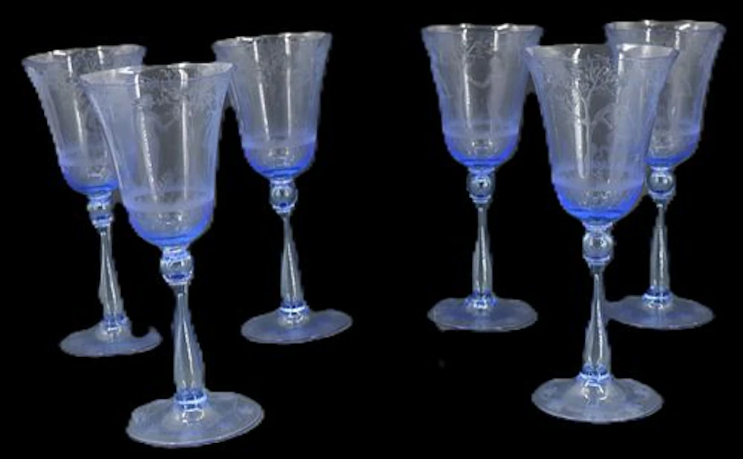 (6) Fostoria Navarre Blue Crystal Water Goblets