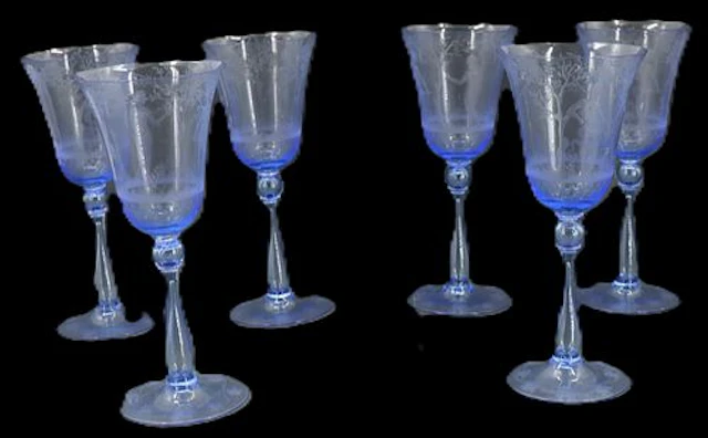(6) Hand-blown & Etched Venetian Blue Crystal Water Goblets