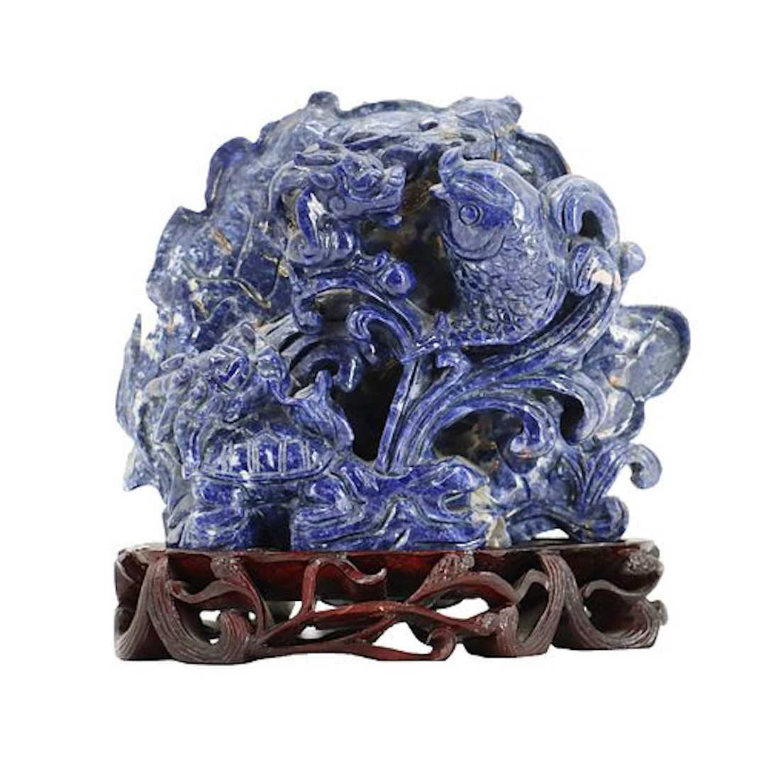 Chinese Carved Sodalite Leaping Koi Statue on Wood Stand