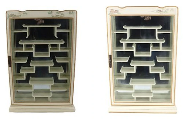 (2) Beautiful Chinese Mirror Back Curio Cabinets
