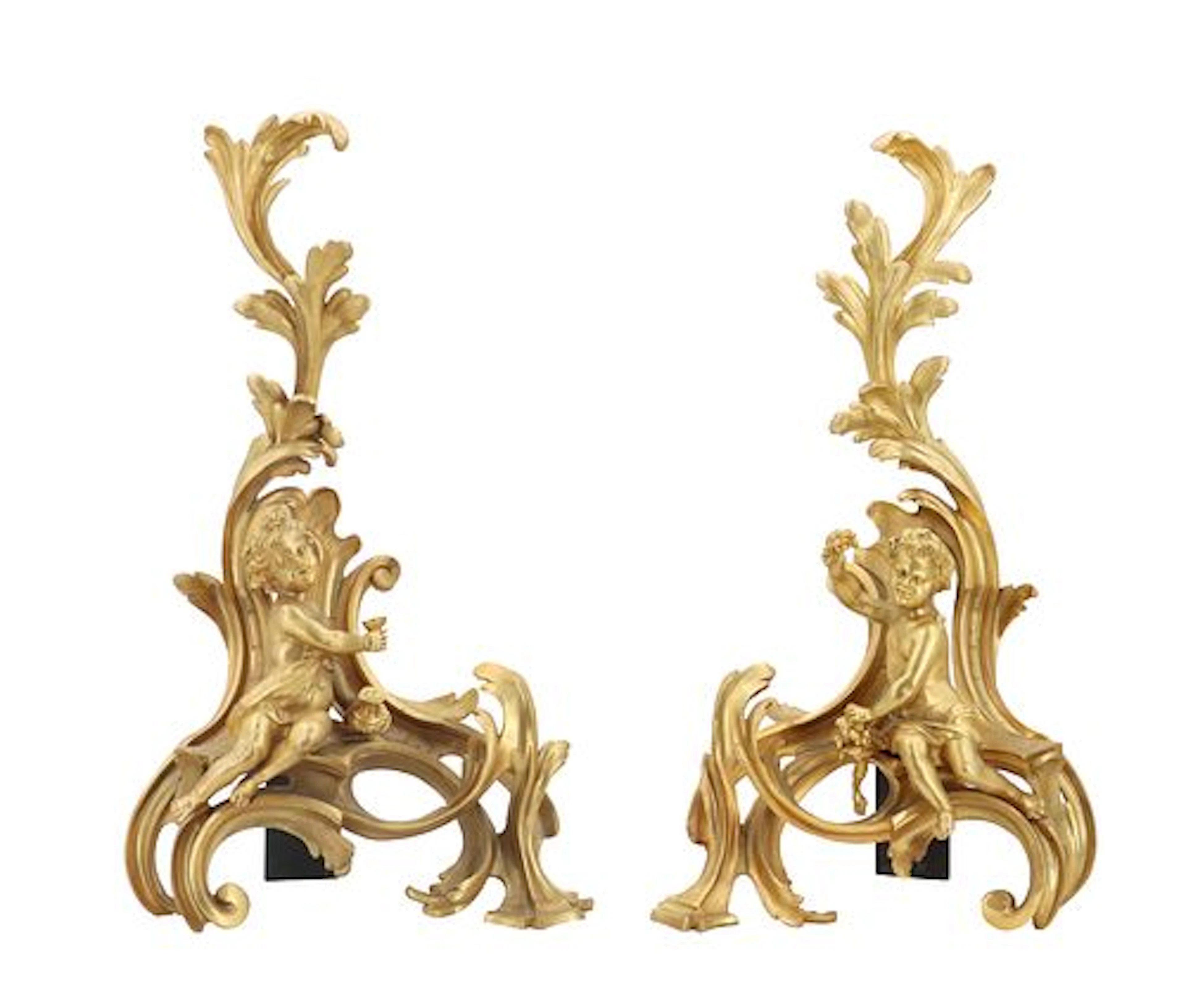 (2) Antique Louis XV Style Gilt Bronze Andirons