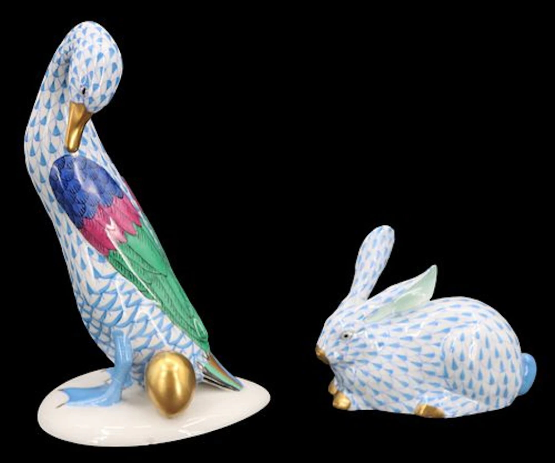 (2) Hungarian Herend Hand-Painted Fishnet Pattern Porcelain Animal Figurines