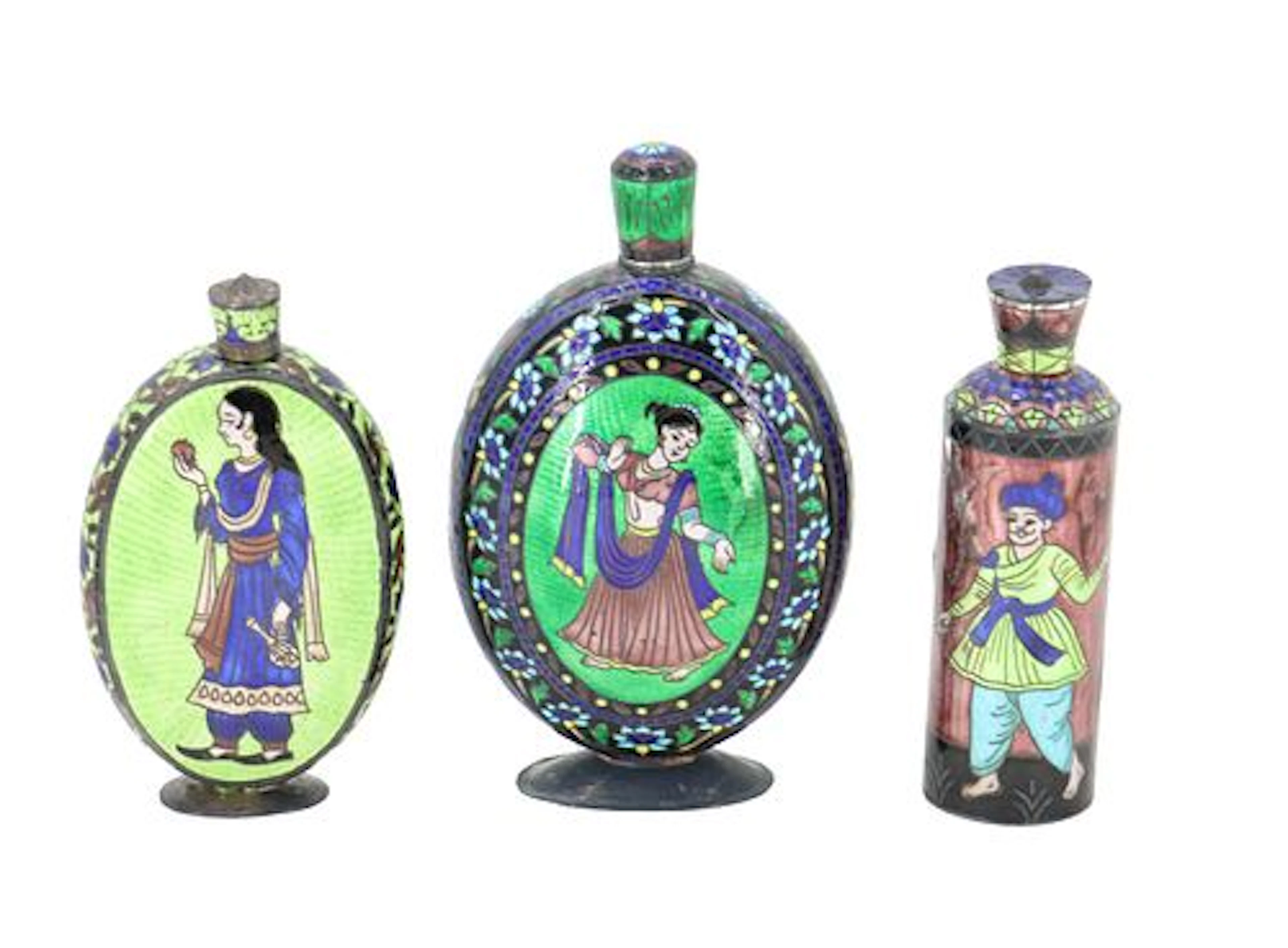 (3) Vintage Indian Hand-Painted Enameled Metal and Silver-Mounted