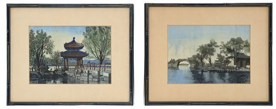 (2) Asian Painted Silk Landscape Tapestries