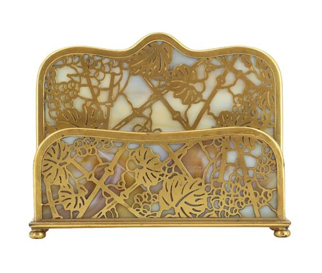 Tiffany Studios New York Slag Glass and Bronze "Grapevine" Letter Holder
