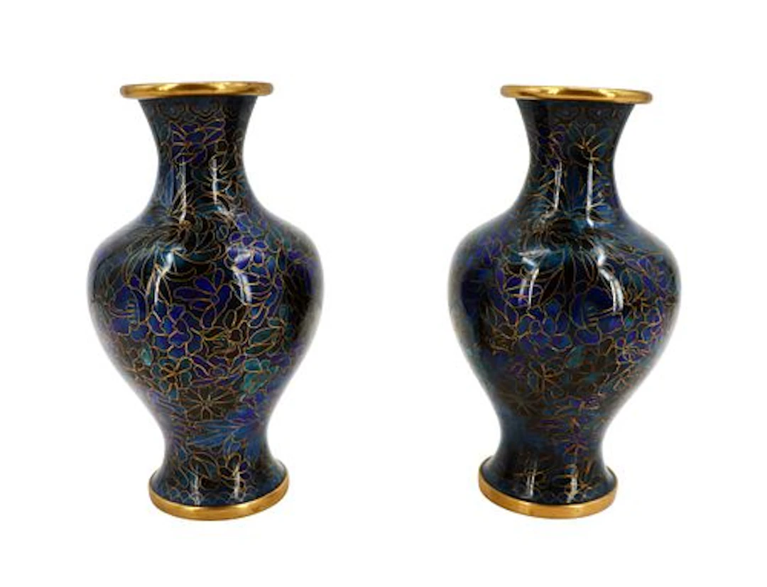 Pair of Vintage Chinese Cloisonne Brass and Copper Enameled Floral Vases
