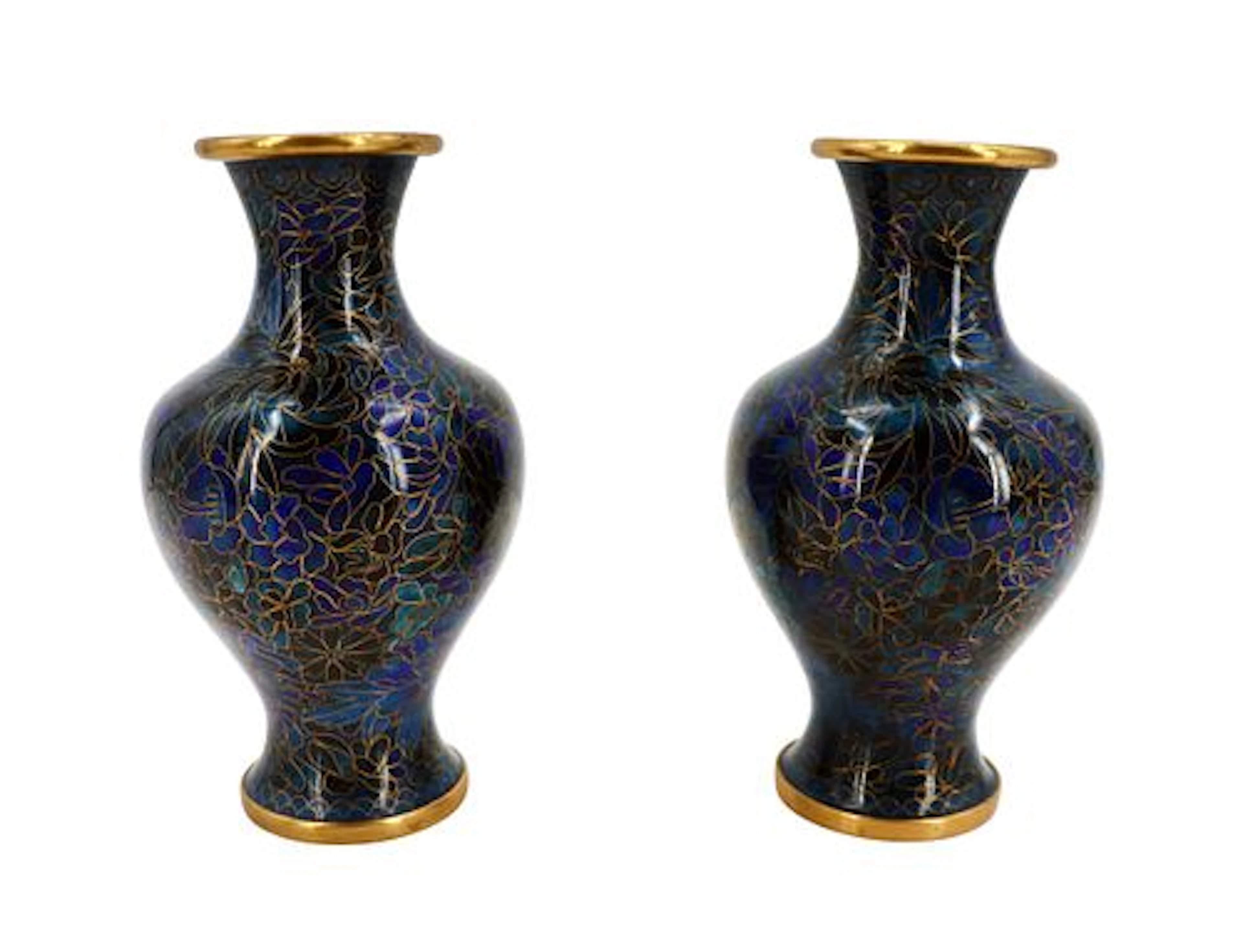 Pair of Vintage Chinese Cloisonne Brass and Copper Enameled Floral Vases