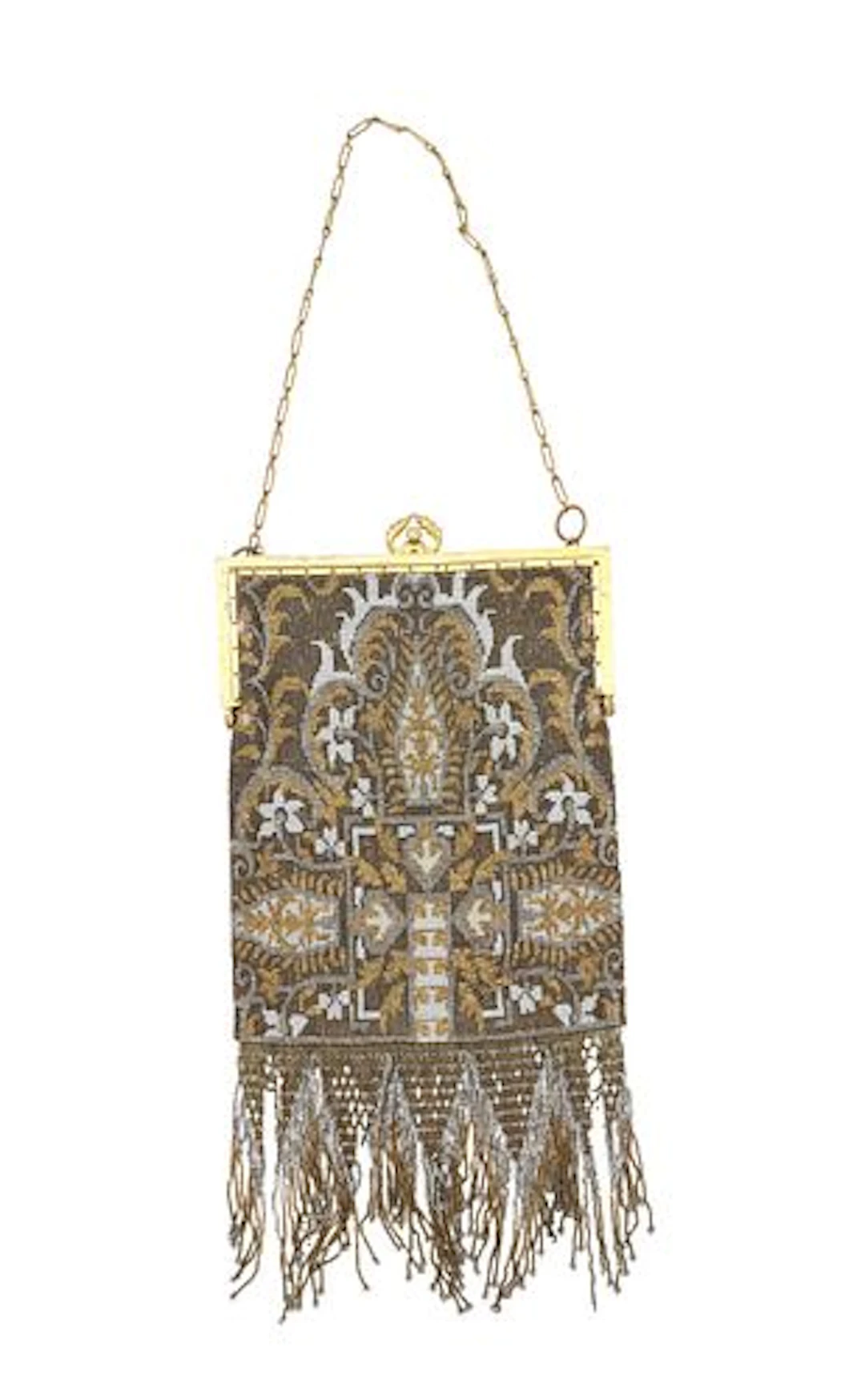 Circa 1920s French Art Deco Beaded Purse with Brass Chain