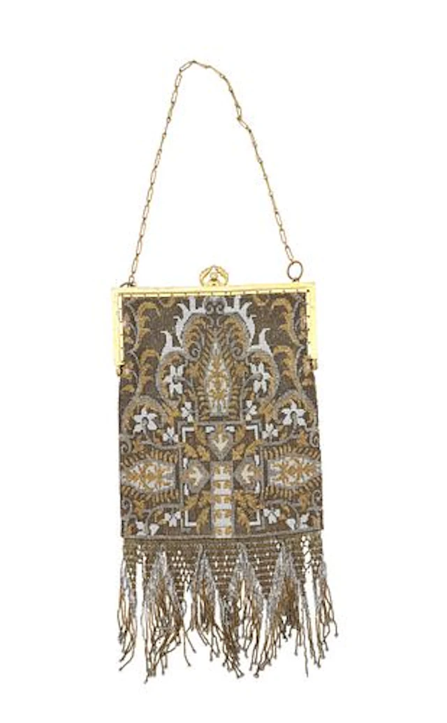 Circa 1920s French Art Deco Beaded Purse with Brass Chain