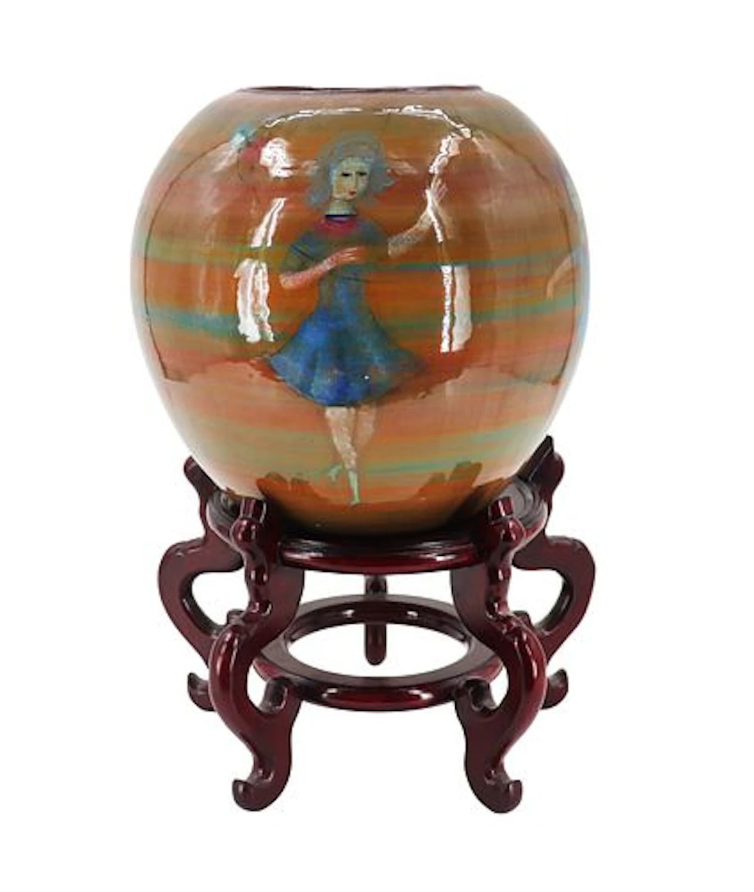 Pillin Art Pottery Heavily Glazed Globular Ceramic Vase with Chinese Wood Base