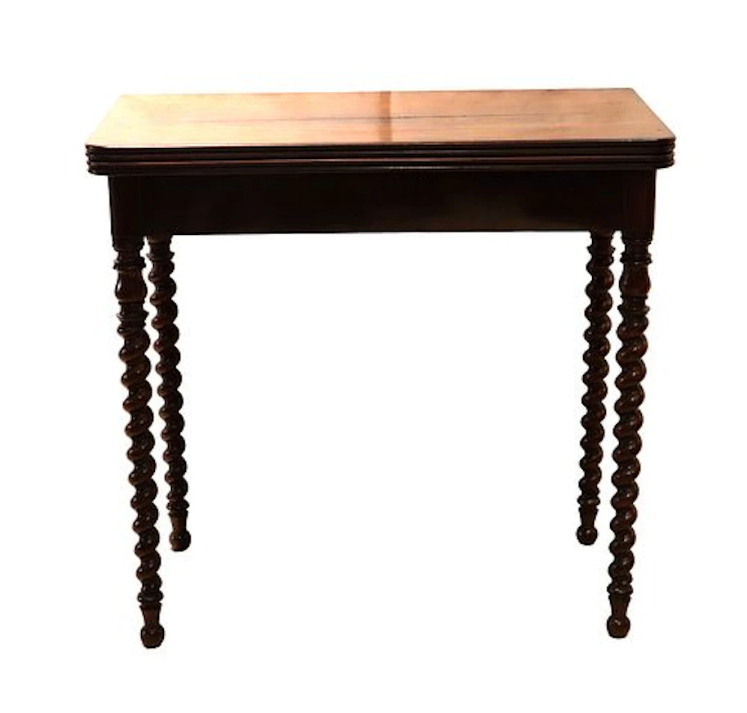 Antique English Fold Top Mahogany Game Table with Barley Twist Legs