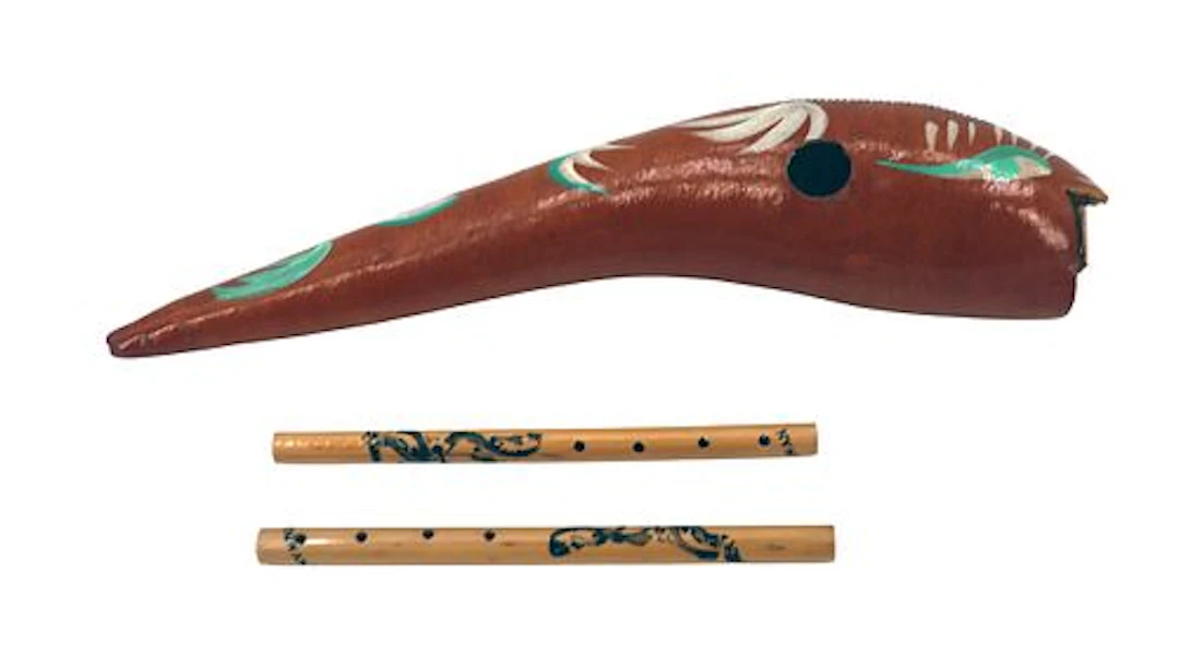 Mexican Fish Form Gourd Guiro and (2) Taiwanese Bamboo Dragon Flutes - AS IS