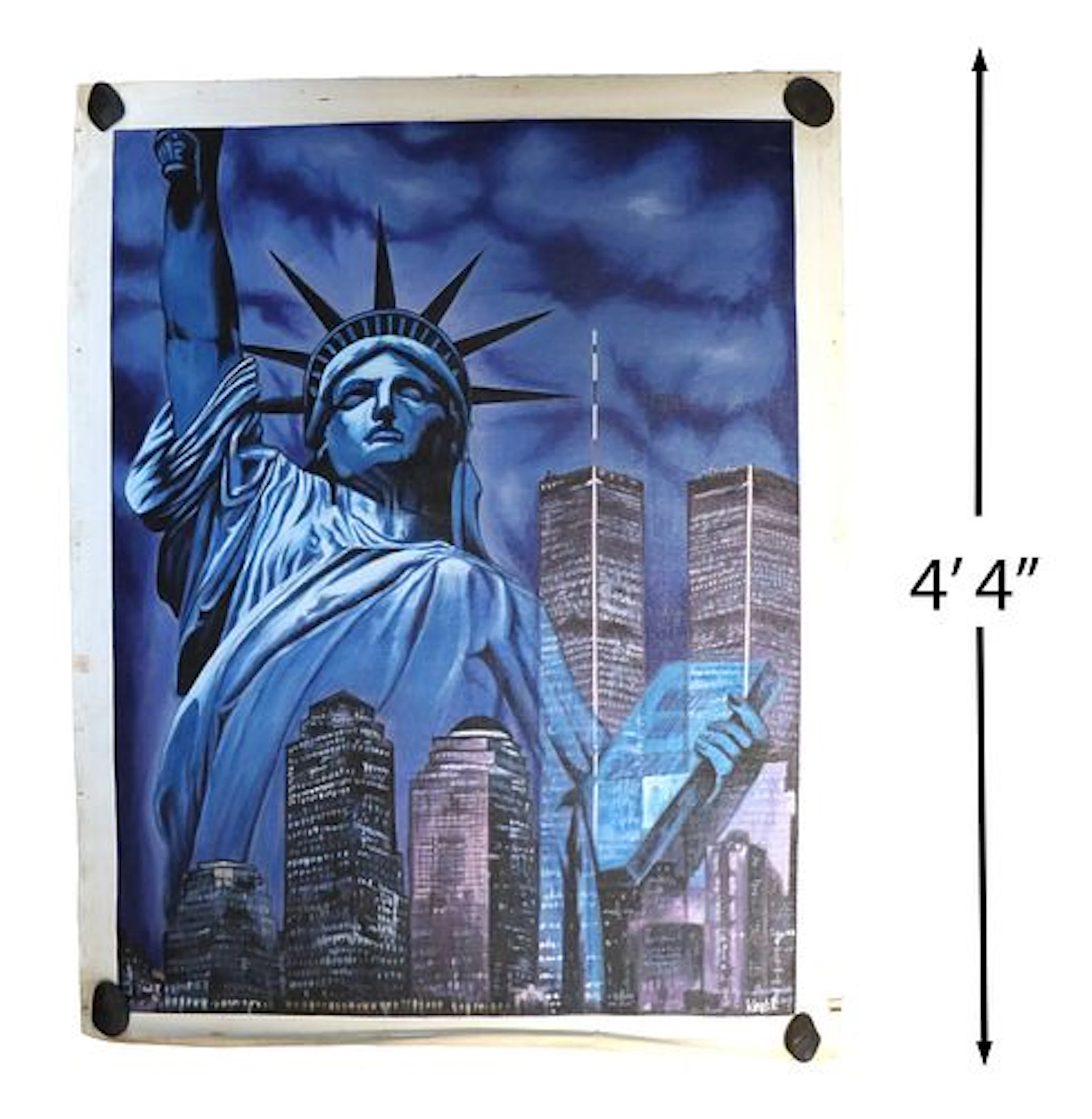 Signed Large Oil on Canvas Statue of Liberty with World Trade Center Painting