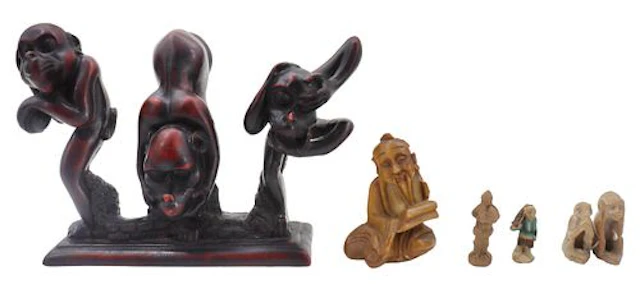 (6) Carved Decorative Items - Trio of Redwood Monkeys, 2 Ceramic Mud