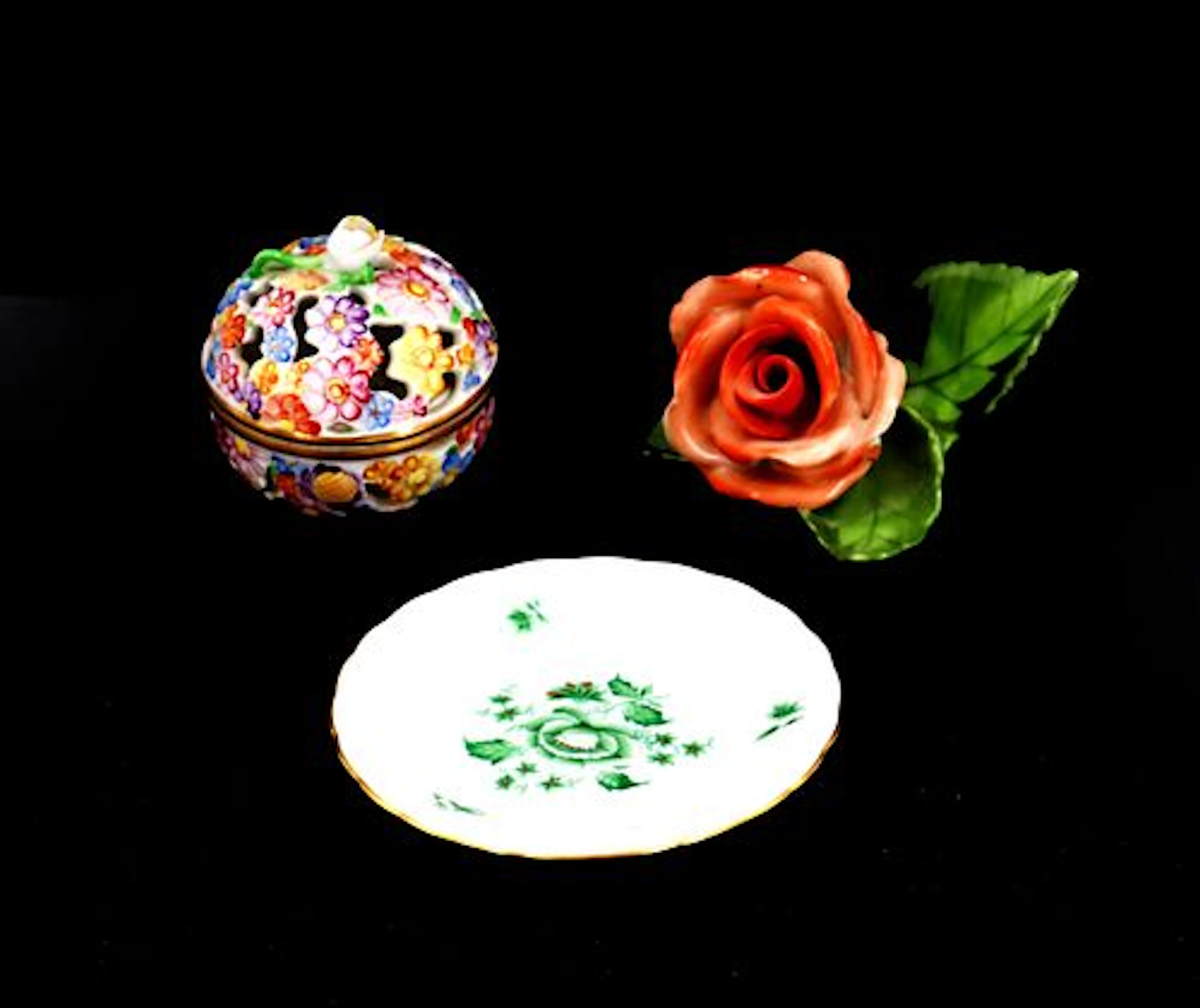 (3) Hungarian Herend Porcelain Hand-Painted Floral Decorated Items