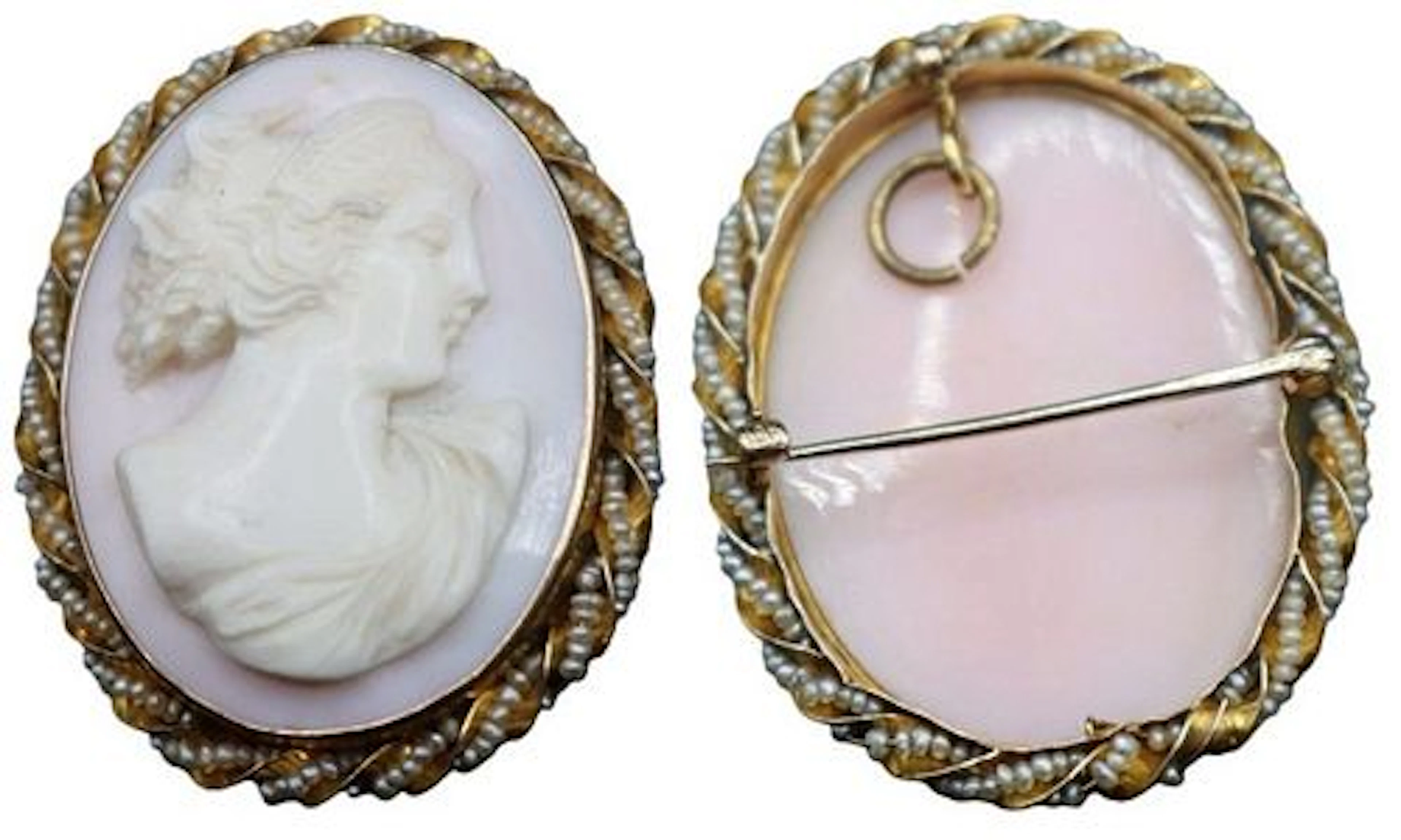 One Tested 10k Gold and Seed Pearl Oval Brooch with Cameo - Gross 9.7 g.